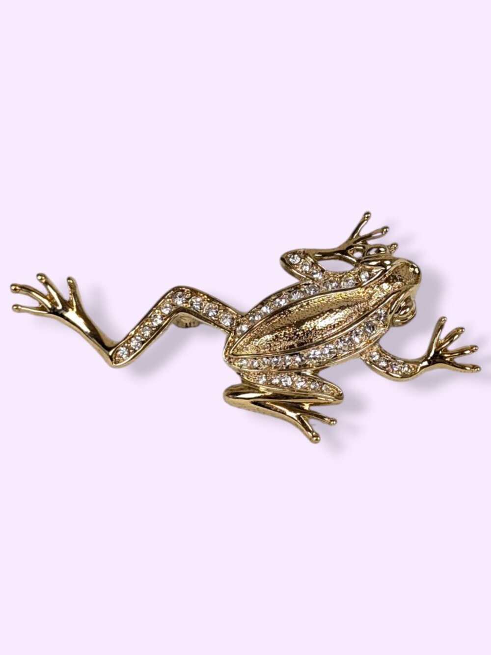Gold Tone Rhinestone Hopping Frog Brooch
